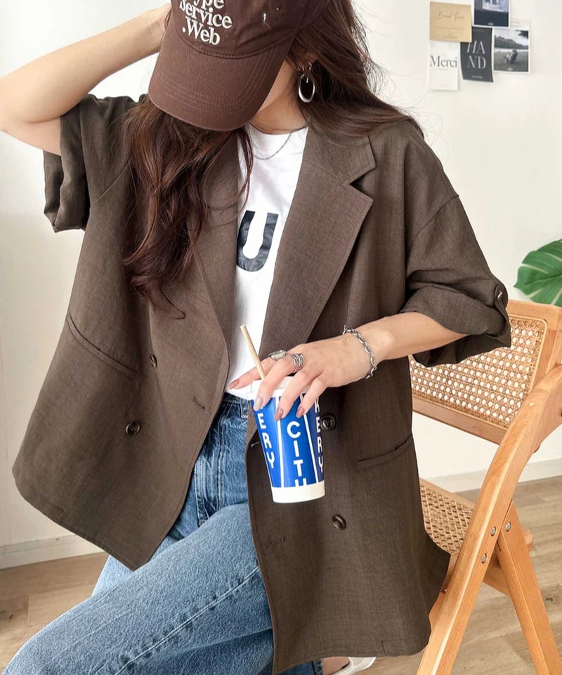 Classical Elf【UVカット・防シワ・接触冷感・吸水速乾機能付き】デイリーにもオフィスにも。ビッグシルエットハーフスリーブダブルジャケット(半袖)商品画像-23