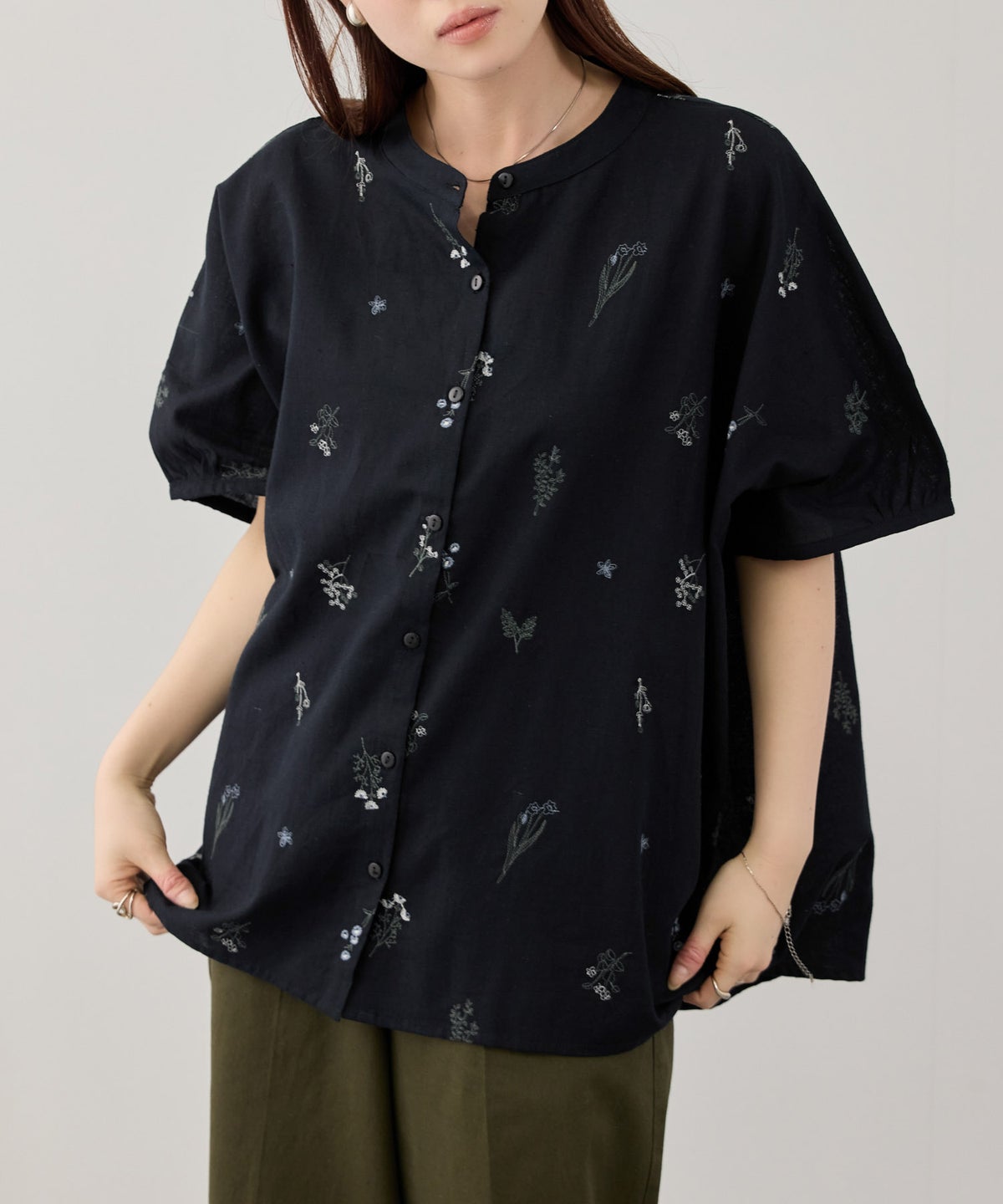 Free Nature インドファブリック 刺繍バンドカラーブラウス レディース