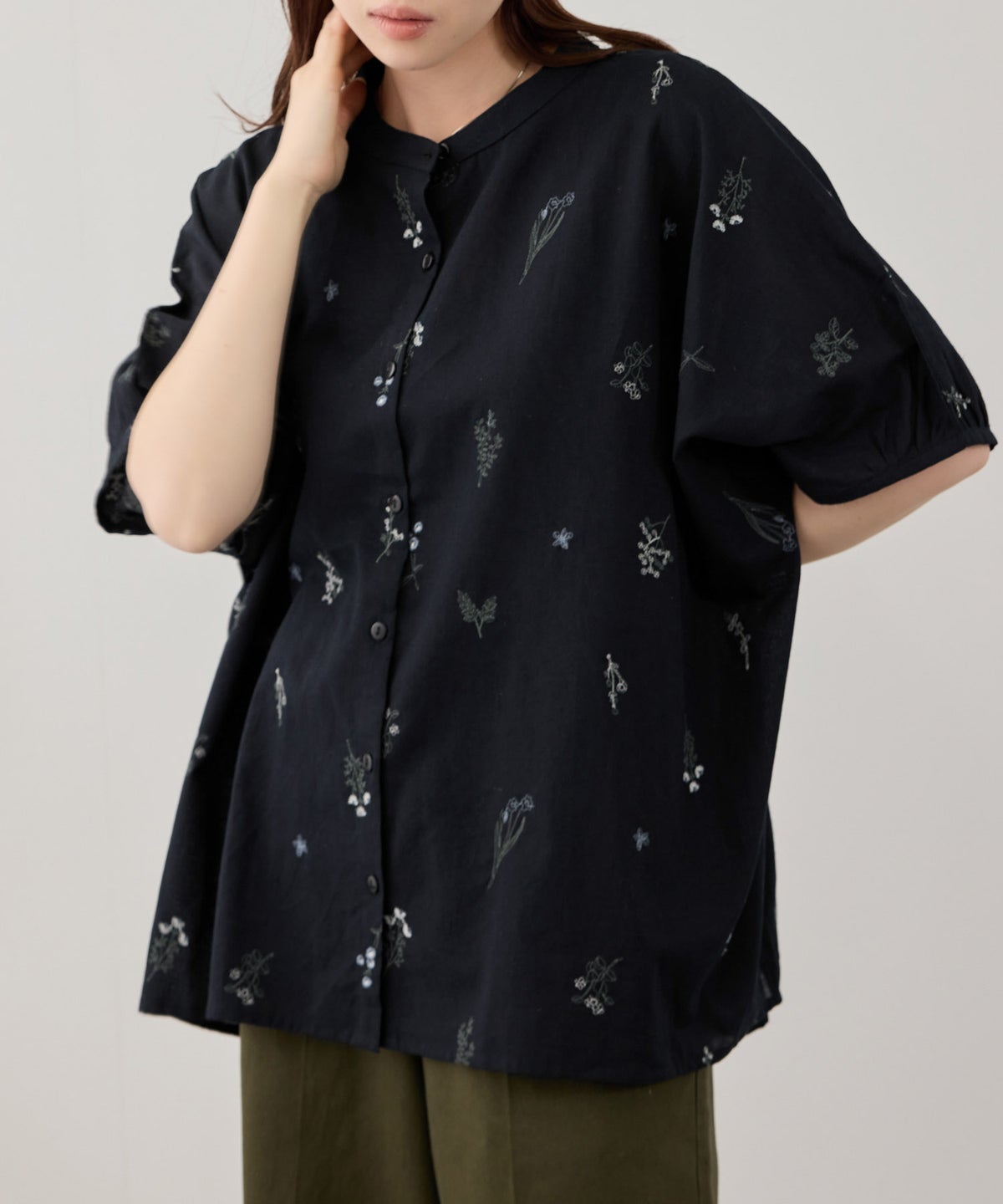 Free Nature インドファブリック 刺繍バンドカラーブラウス レディース