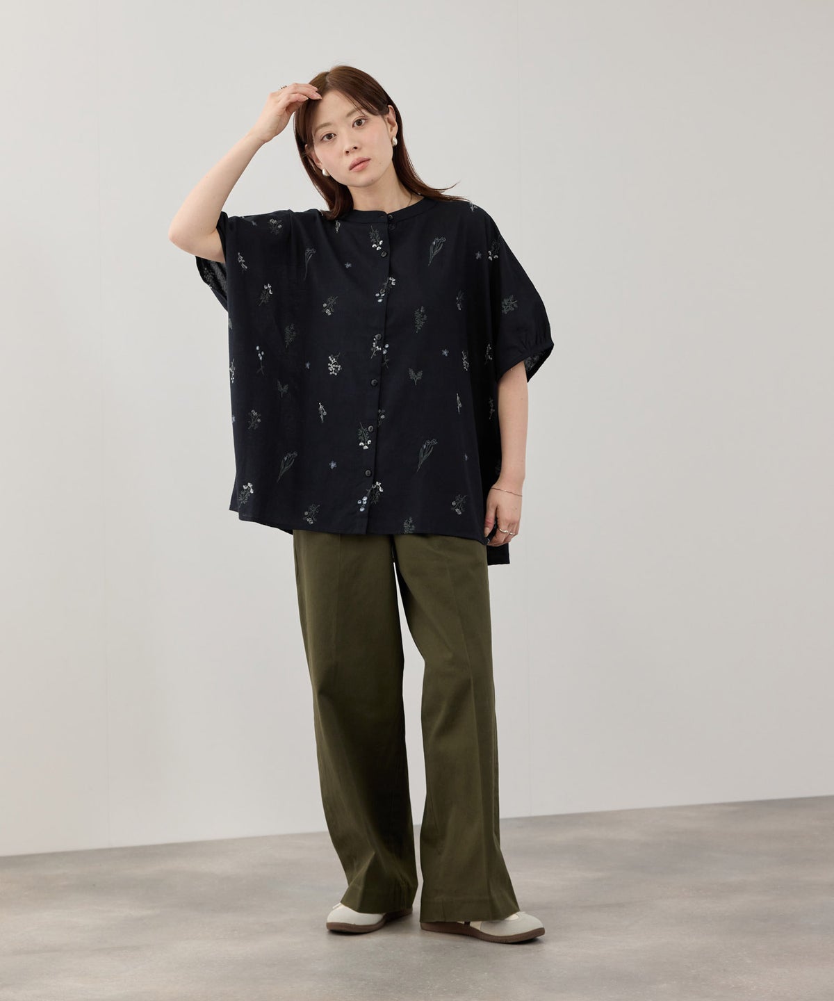 Free Nature インドファブリック 刺繍バンドカラーブラウス レディース