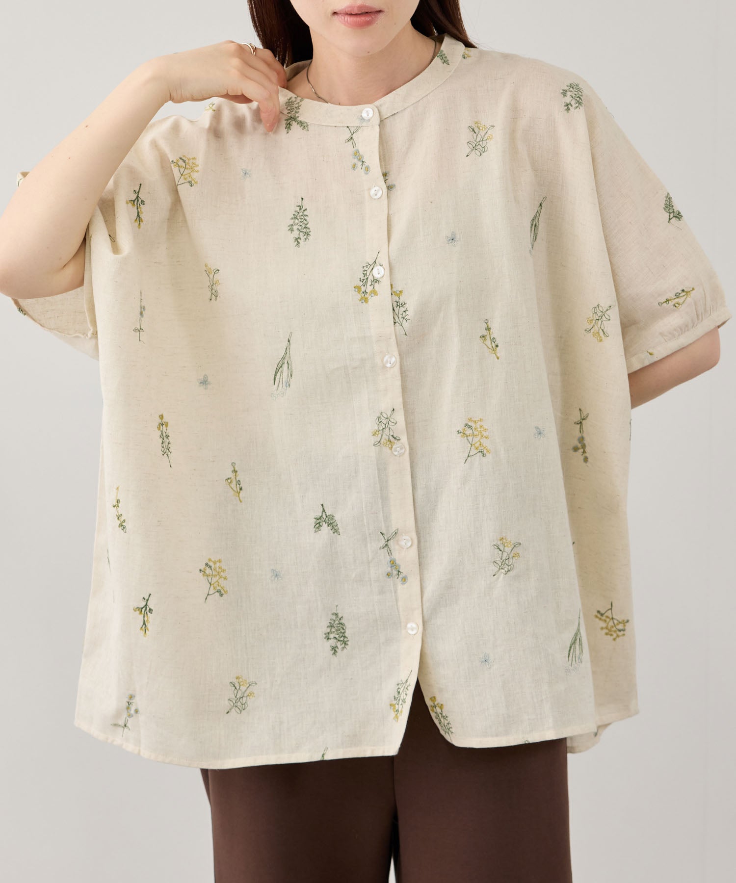 Free Nature インドファブリック 刺繍バンドカラーブラウス レディース