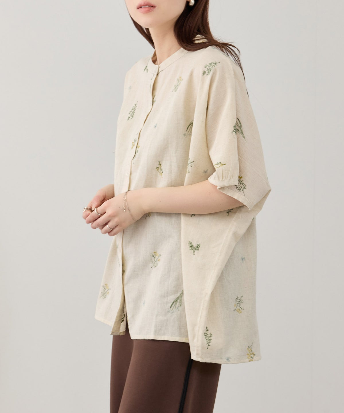 Free Nature インドファブリック 刺繍バンドカラーブラウス レディース