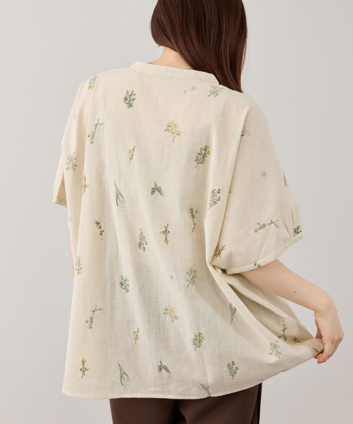 Free Nature インドファブリック 刺繍バンドカラーブラウス レディース