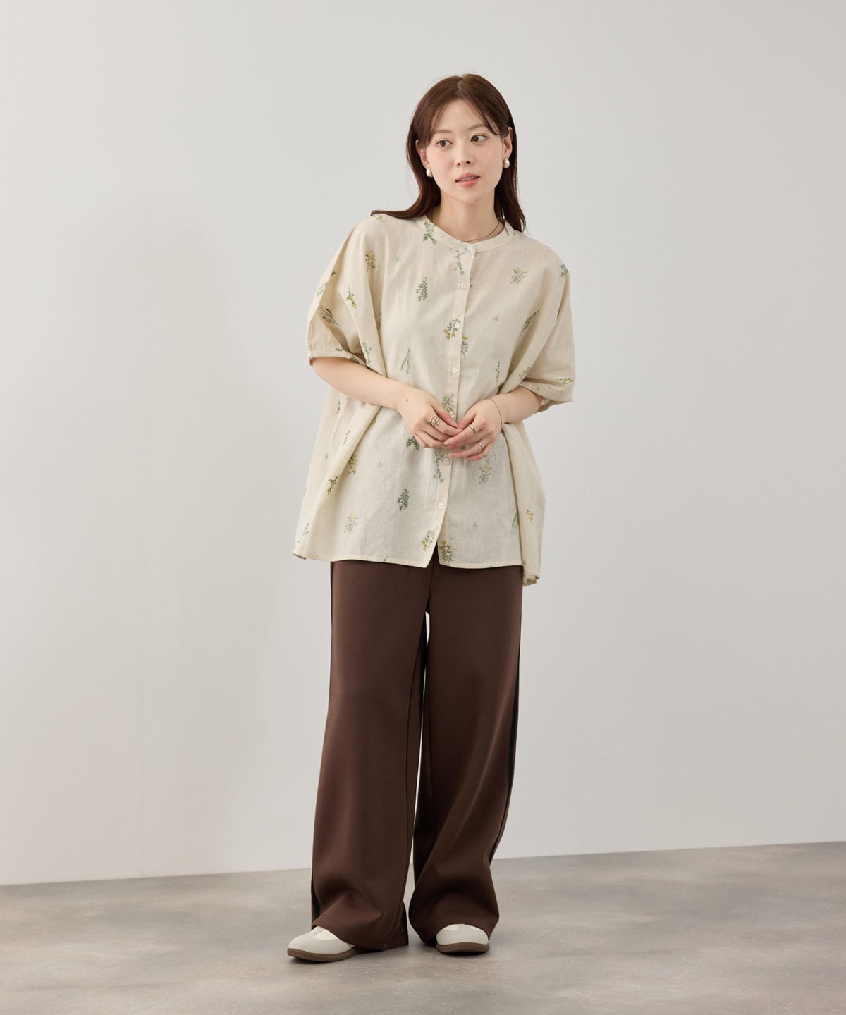 Free Nature インドファブリック 刺繍バンドカラーブラウス レディース