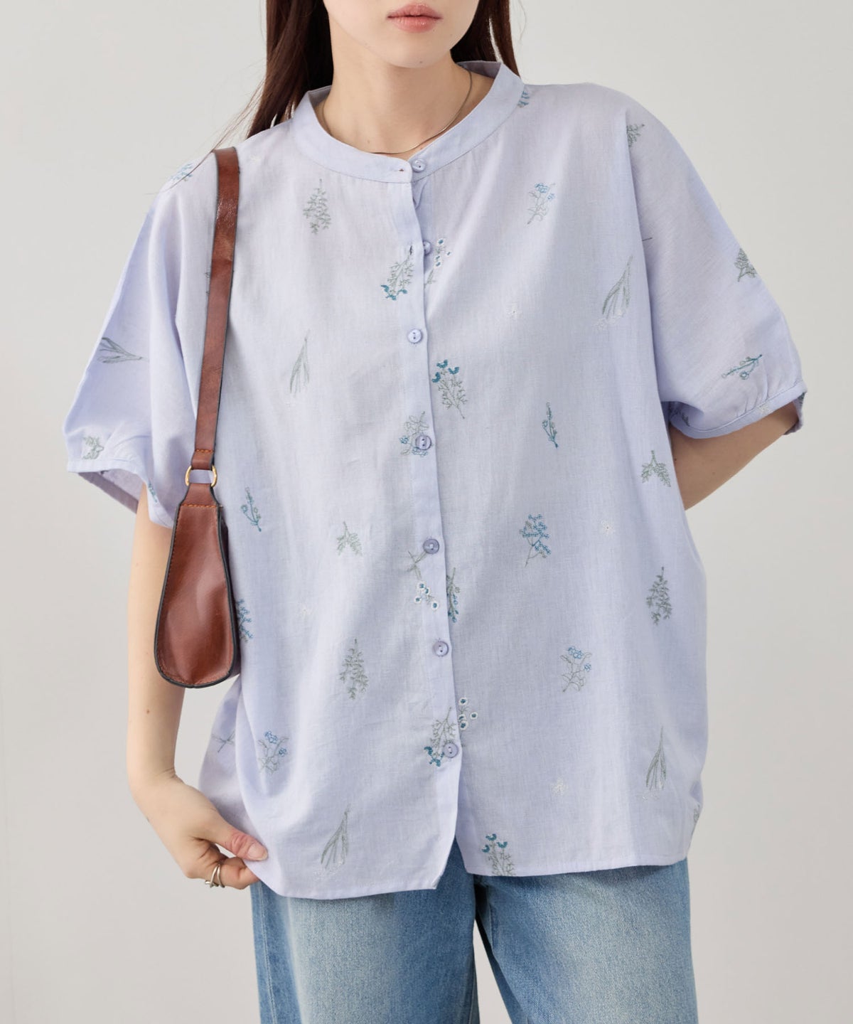 Free Nature インドファブリック 刺繍バンドカラーブラウス レディース