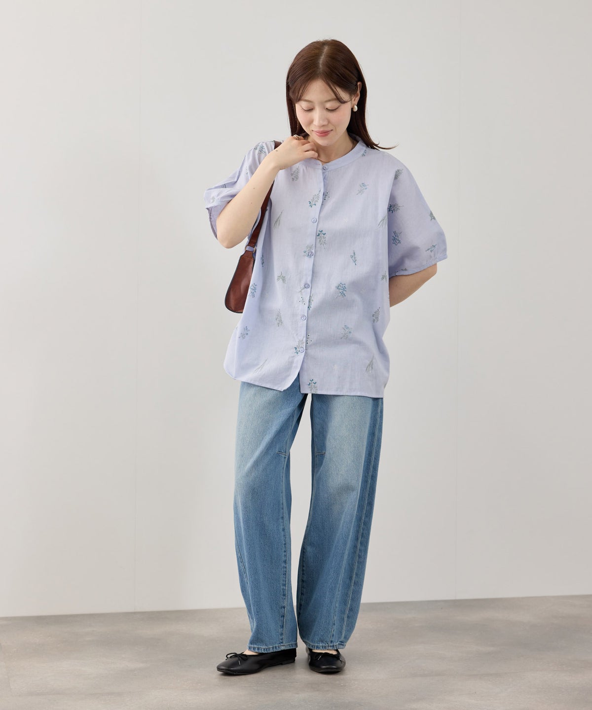 Free Nature インドファブリック 刺繍バンドカラーブラウス レディース