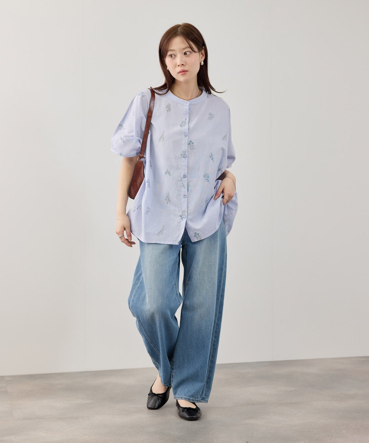 Free Nature インドファブリック 刺繍バンドカラーブラウス レディース