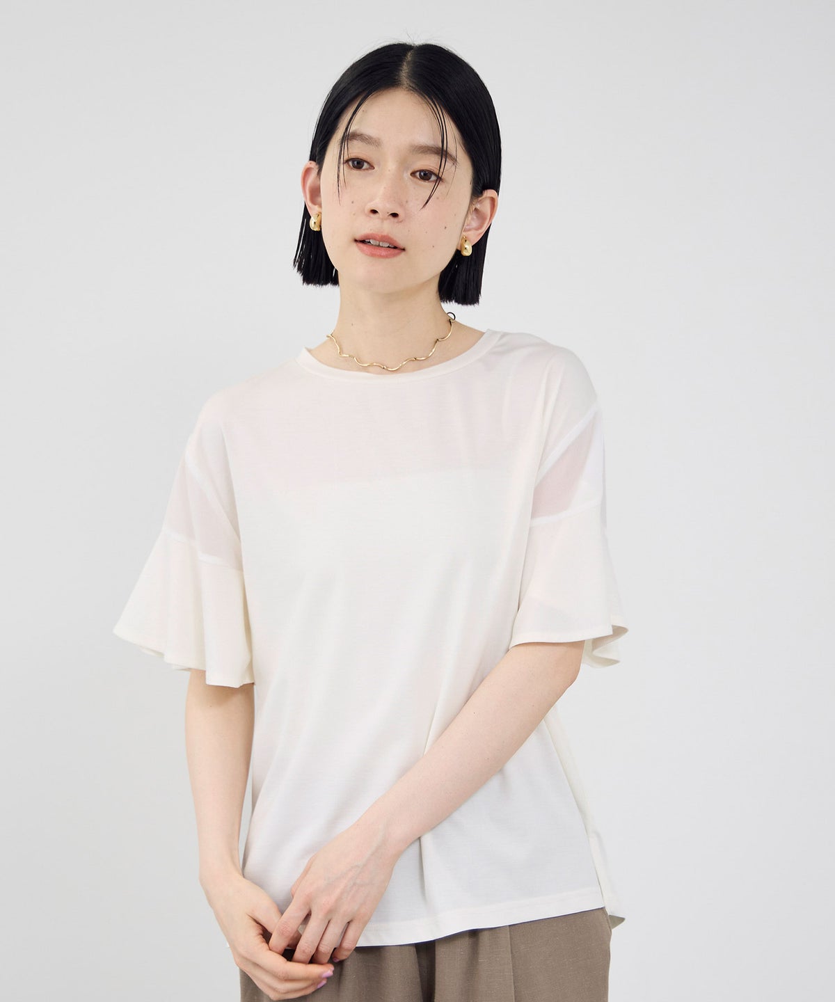Idnes 異素材ドッキング シアーフレアスリーブ Tシャツ レディース メール便 対応商品