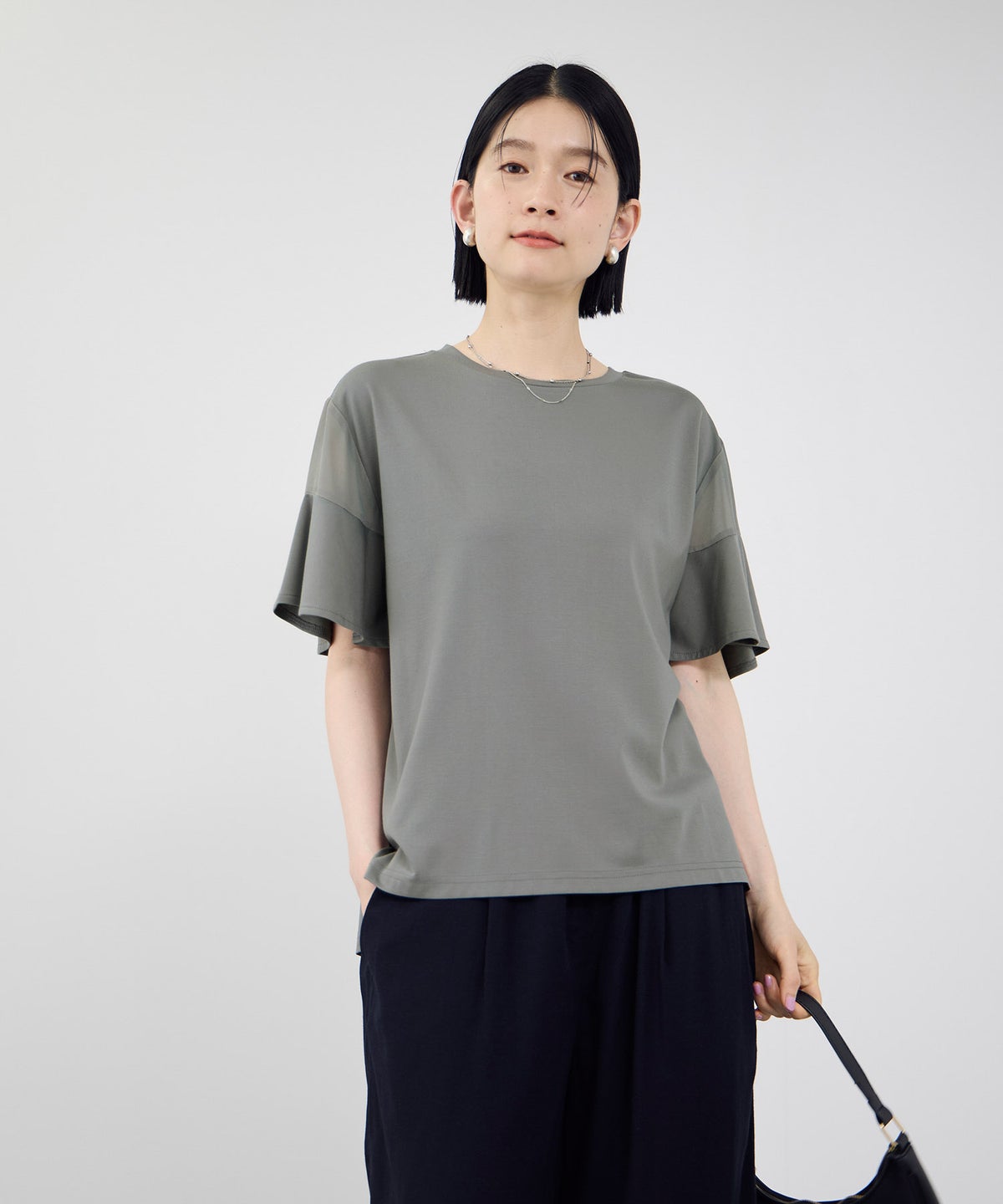 Idnes 異素材ドッキング シアーフレアスリーブ Tシャツ レディース メール便 対応商品