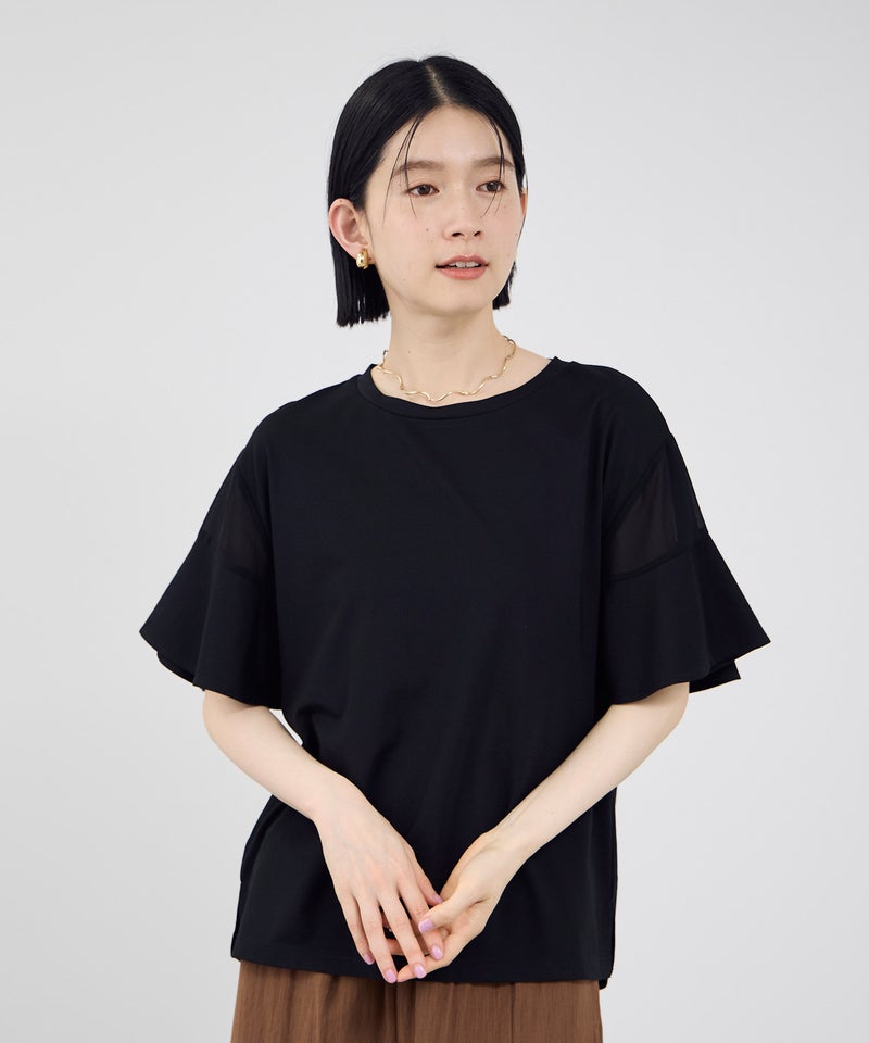 Idnes  異素材ドッキング シアーフレアスリーブ Tシャツ レディース メール便 対応商品商品画像-3