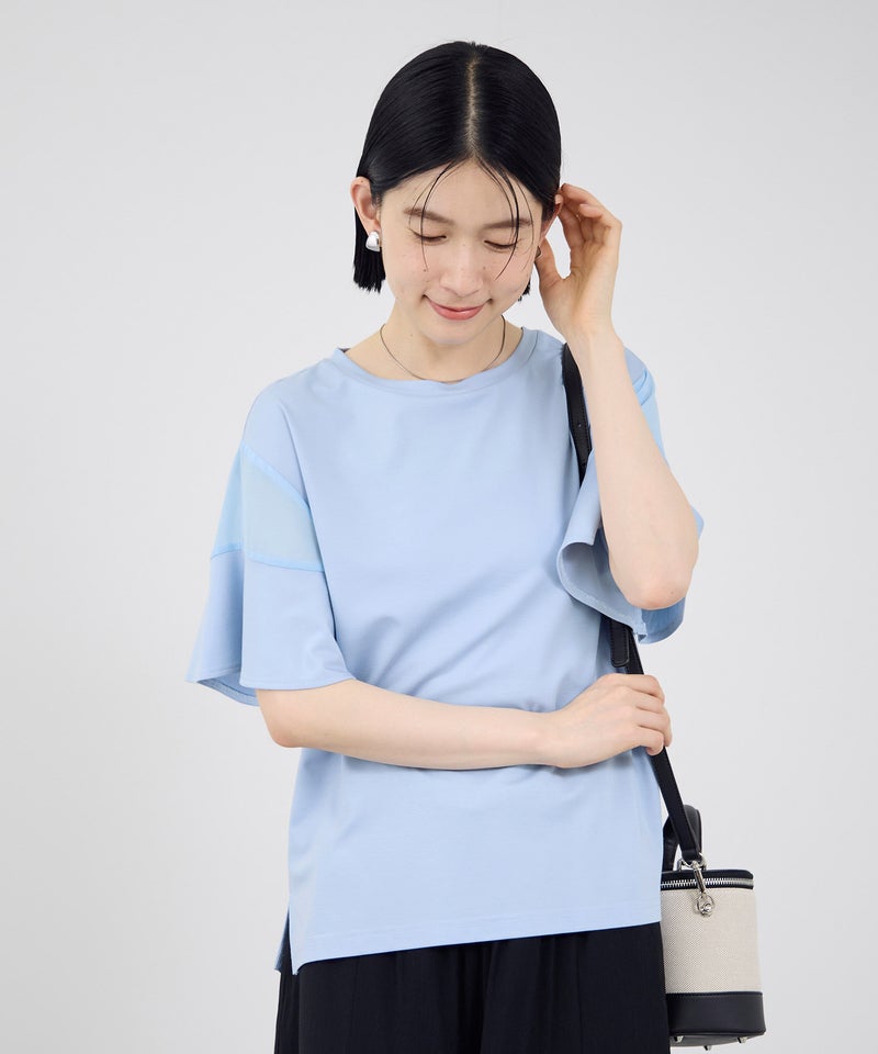 Idnes 異素材ドッキング シアーフレアスリーブ Tシャツ レディース メール便 対応商品商品画像-4