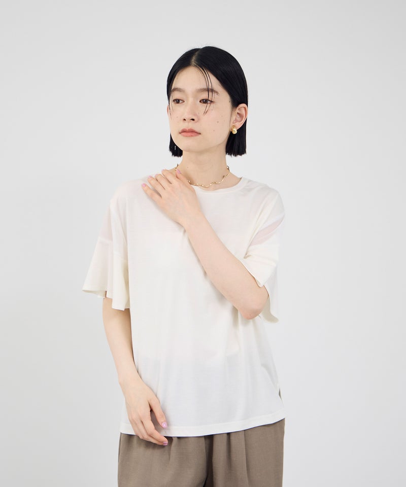 Idnes 異素材ドッキング シアーフレアスリーブ Tシャツ レディース メール便 対応商品商品画像-6