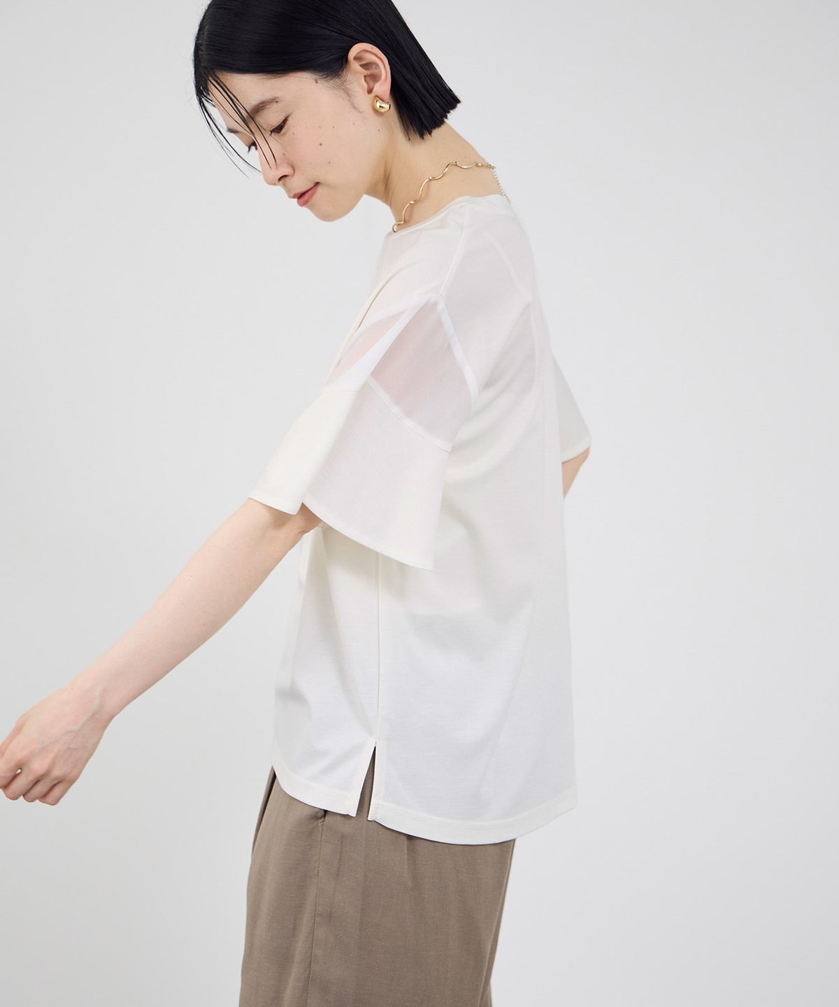 Idnes 異素材ドッキング シアーフレアスリーブ Tシャツ レディース メール便 対応商品