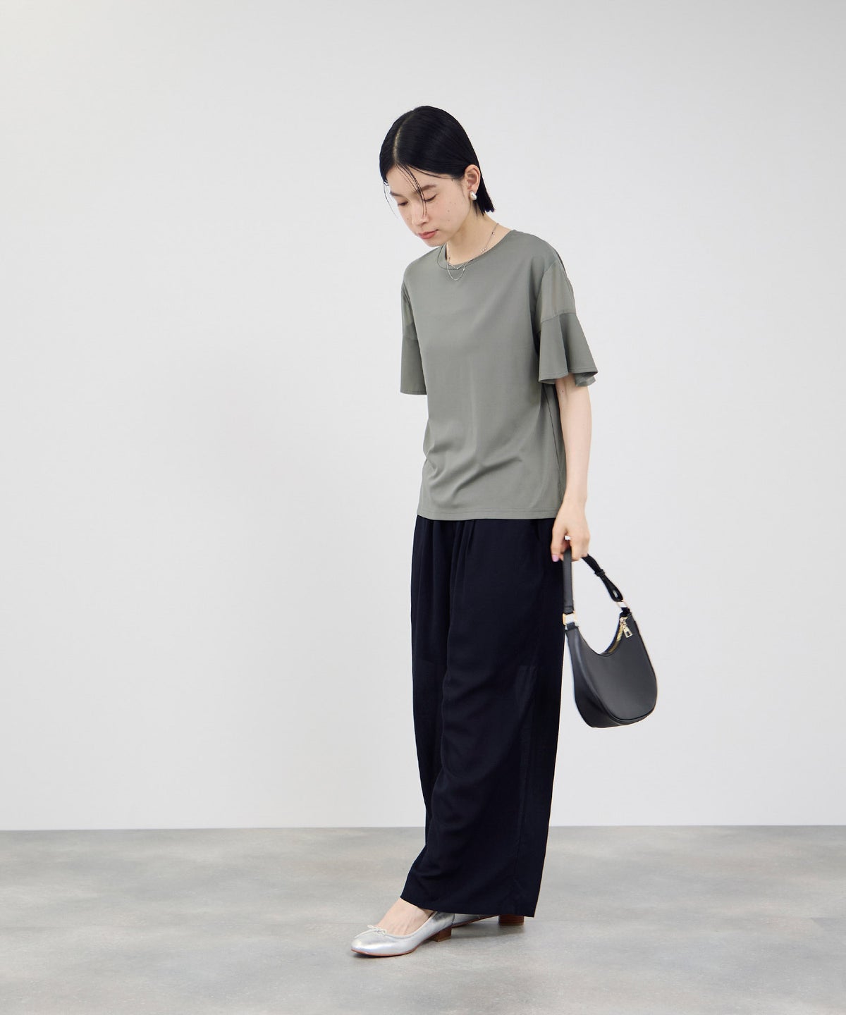 Idnes 異素材ドッキング シアーフレアスリーブ Tシャツ レディース メール便 対応商品