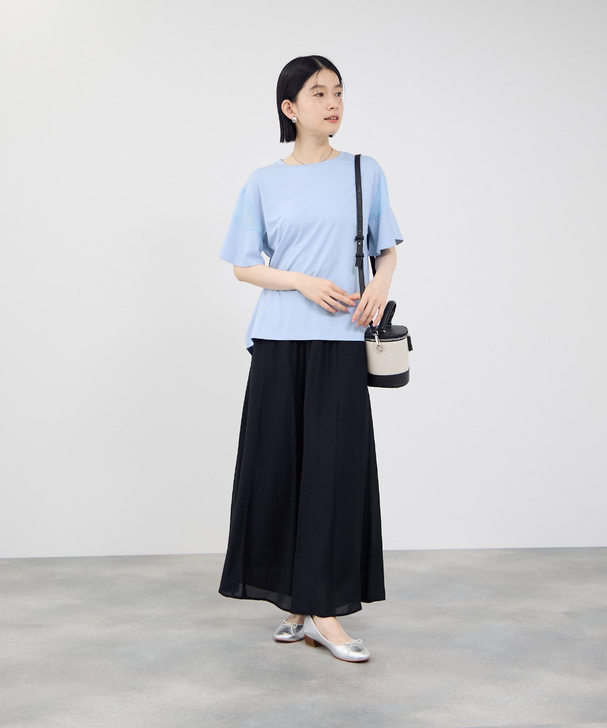 Idnes 異素材ドッキング シアーフレアスリーブ Tシャツ レディース メール便 対応商品