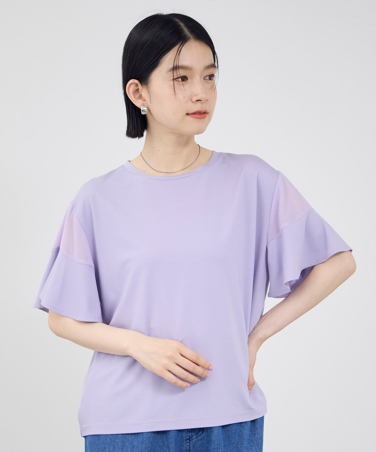 Idnes 異素材ドッキング シアーフレアスリーブ Tシャツ レディース メール便 対応商品