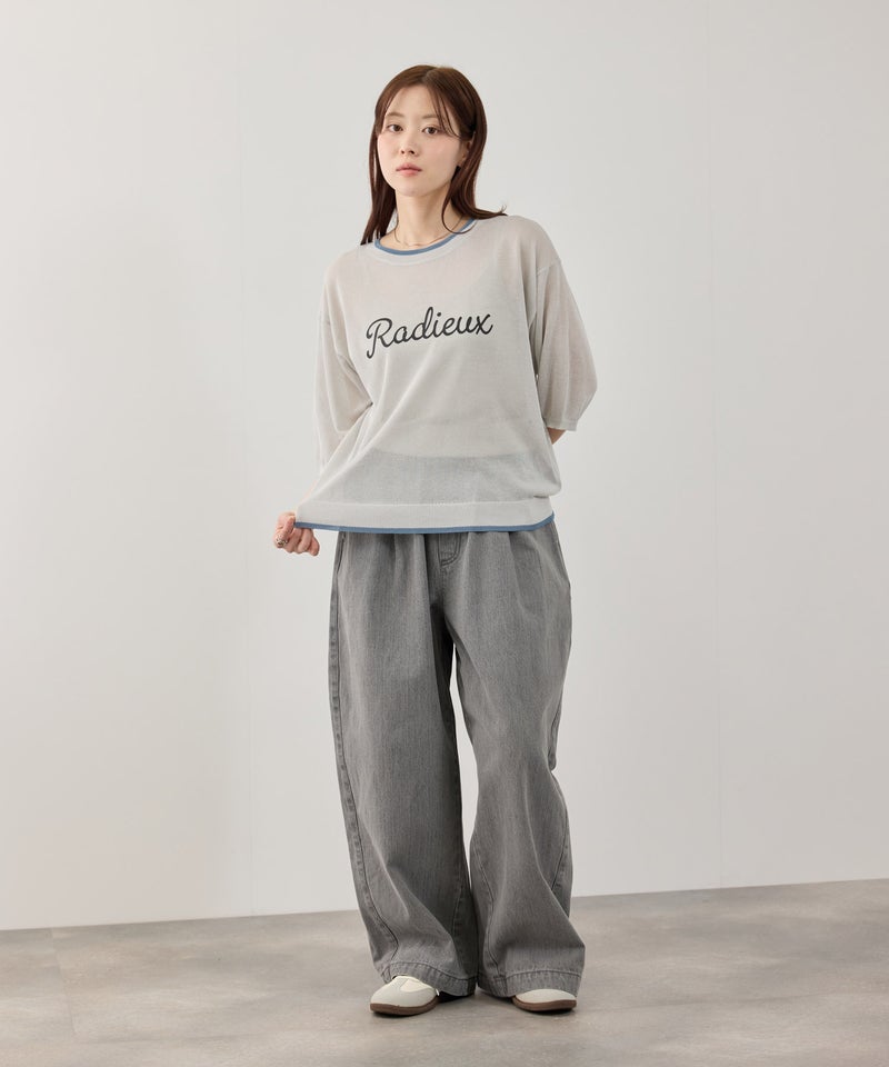 NAVY SARARI ロゴプリント シアーニットプルオーバー 配色ライン レディース商品画像-6