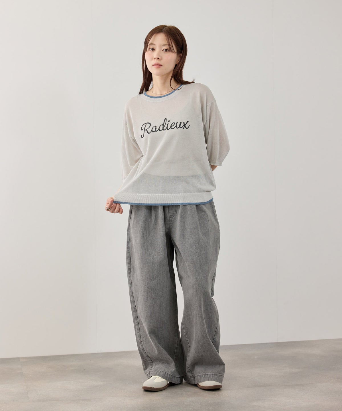 NAVY SARARI ロゴプリント シアーニットプルオーバー 配色ライン レディース