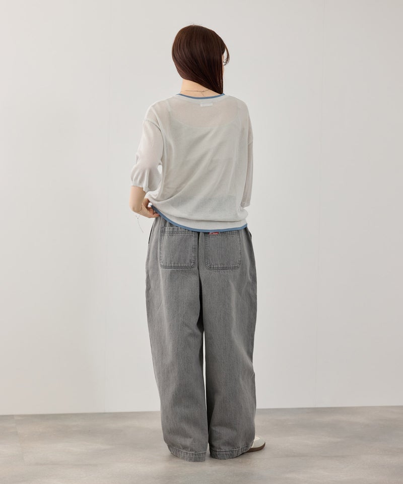 NAVY SARARI ロゴプリント シアーニットプルオーバー 配色ライン レディース商品画像-7