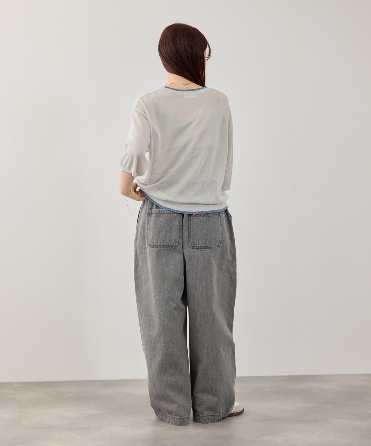 NAVY SARARI ロゴプリント シアーニットプルオーバー 配色ライン レディース