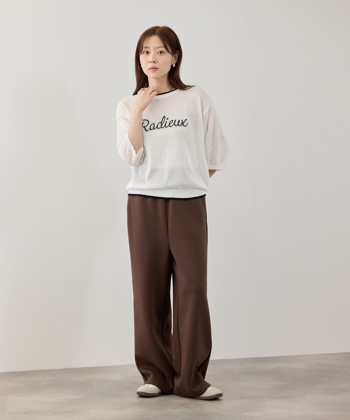 NAVY SARARI ロゴプリント シアーニットプルオーバー 配色ライン レディース