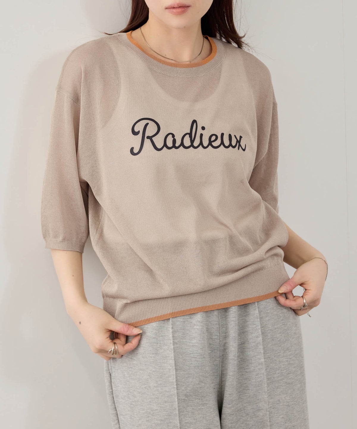 NAVY SARARI ロゴプリント シアーニットプルオーバー 配色ライン レディース