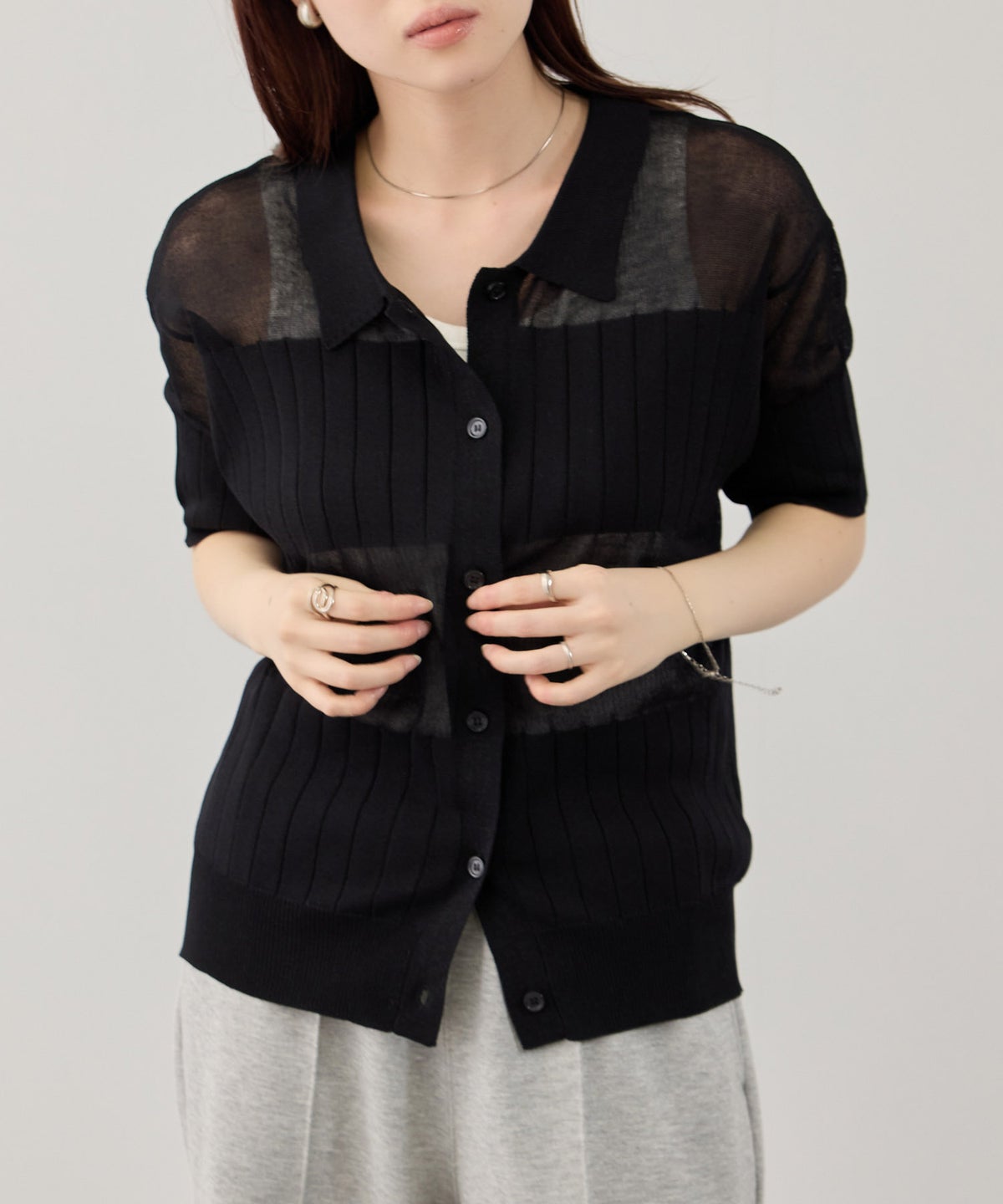 NAVY SARARI 襟付きシアーカーディガン レディース