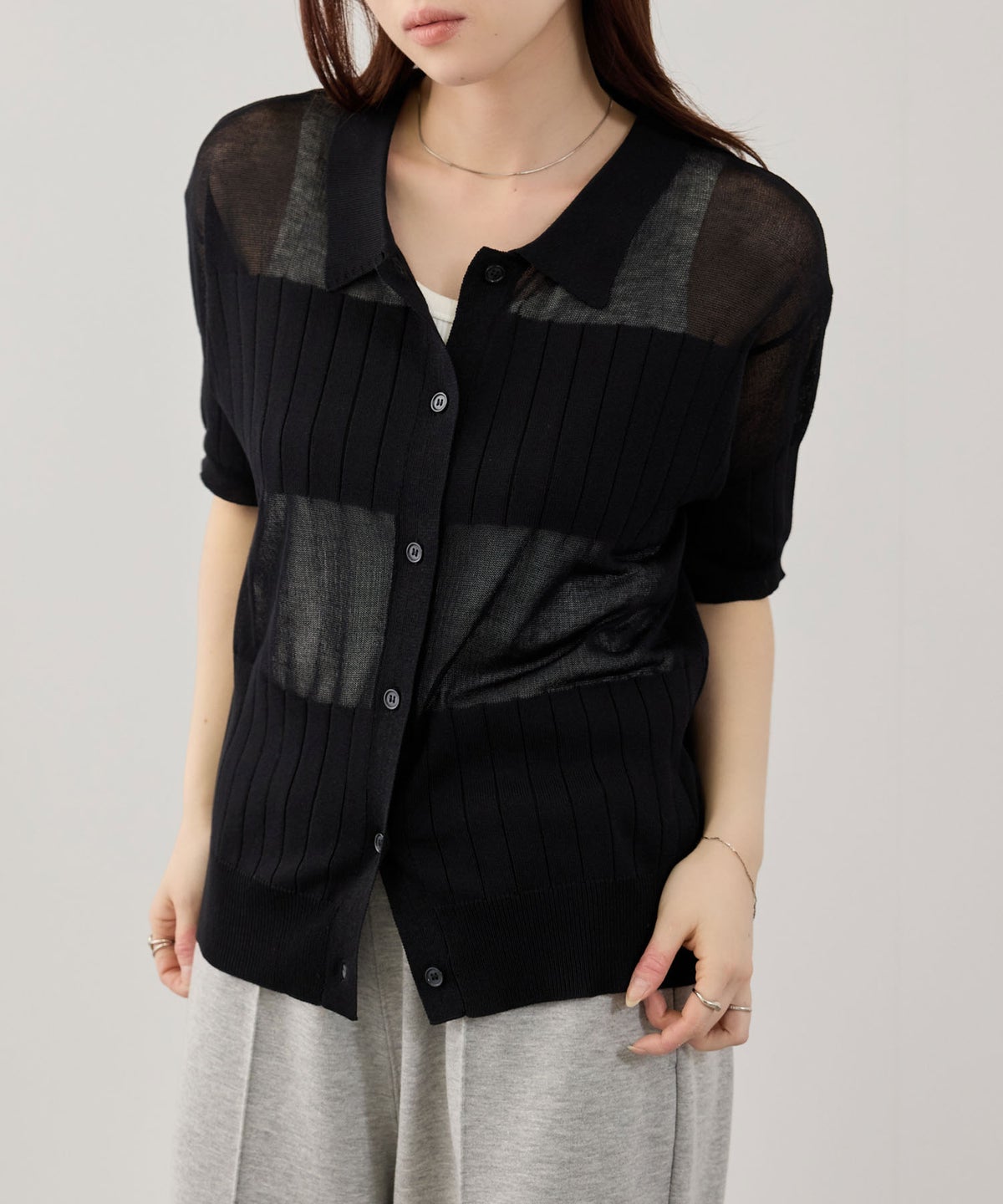 NAVY SARARI 襟付きシアーカーディガン レディース