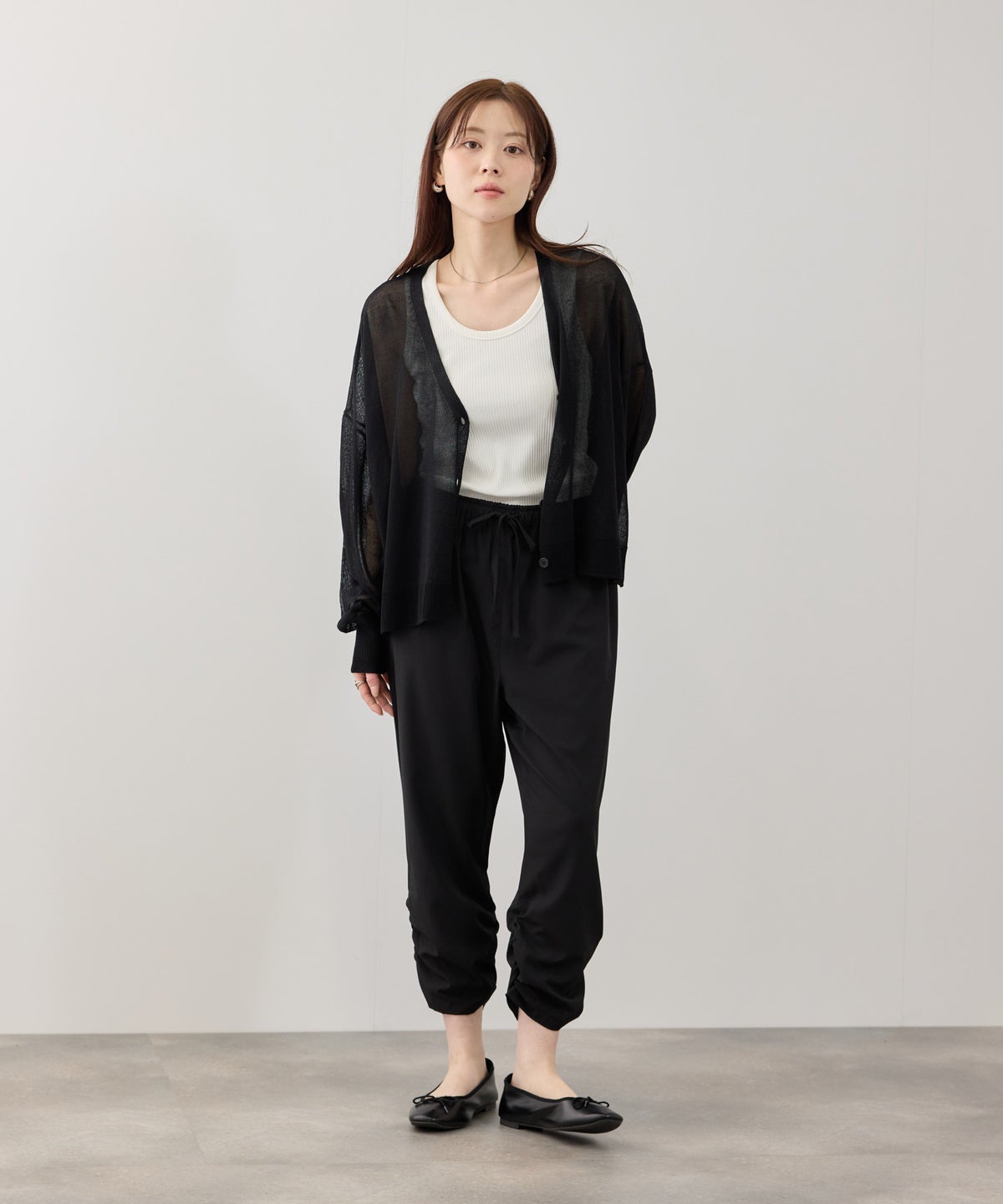 ストレッチ裾シャーリングクロップドパンツ レディース