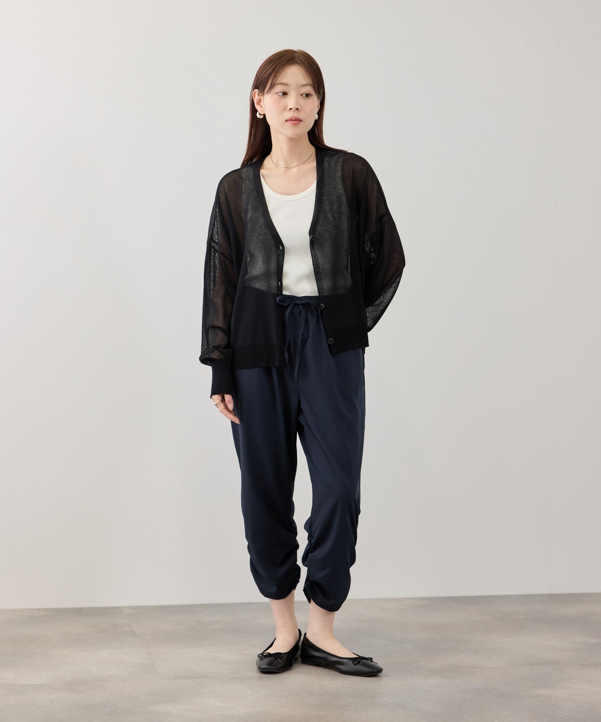 ストレッチ裾シャーリングクロップドパンツ レディース