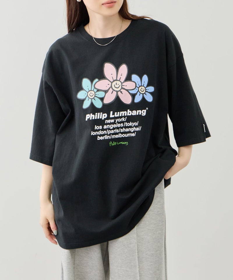 Philip Lumbang フラワーグラフィック ワールドツアー風ロゴプリント 半袖Tシャツ メンズ メール便 対応商品商品画像-2