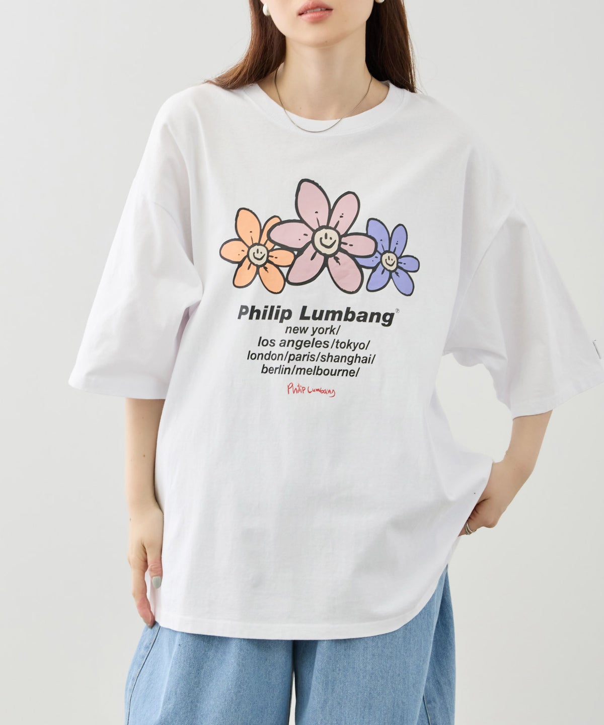 Philip Lumbang フラワーグラフィック ワールドツアー風ロゴプリント 半袖Tシャツ メンズ メール便 対応商品