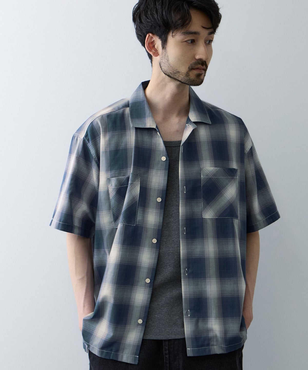 Real Standard オンブレチェック 半袖オープンカラーシャツ メンズ