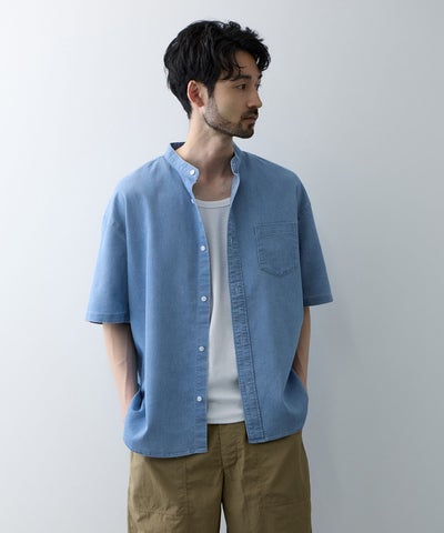 NAVY ブリーズデニム 半袖バンドカラーシャツ メンズ