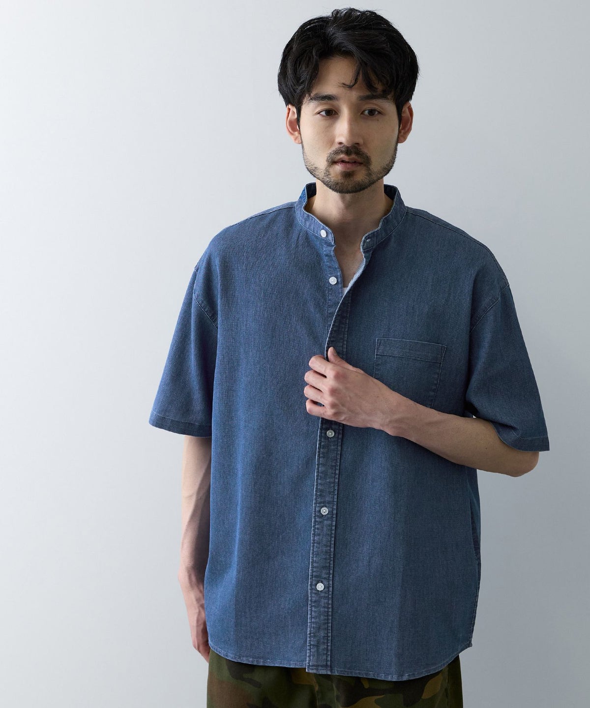 NAVY ブリーズデニム 半袖バンドカラーシャツ メンズ