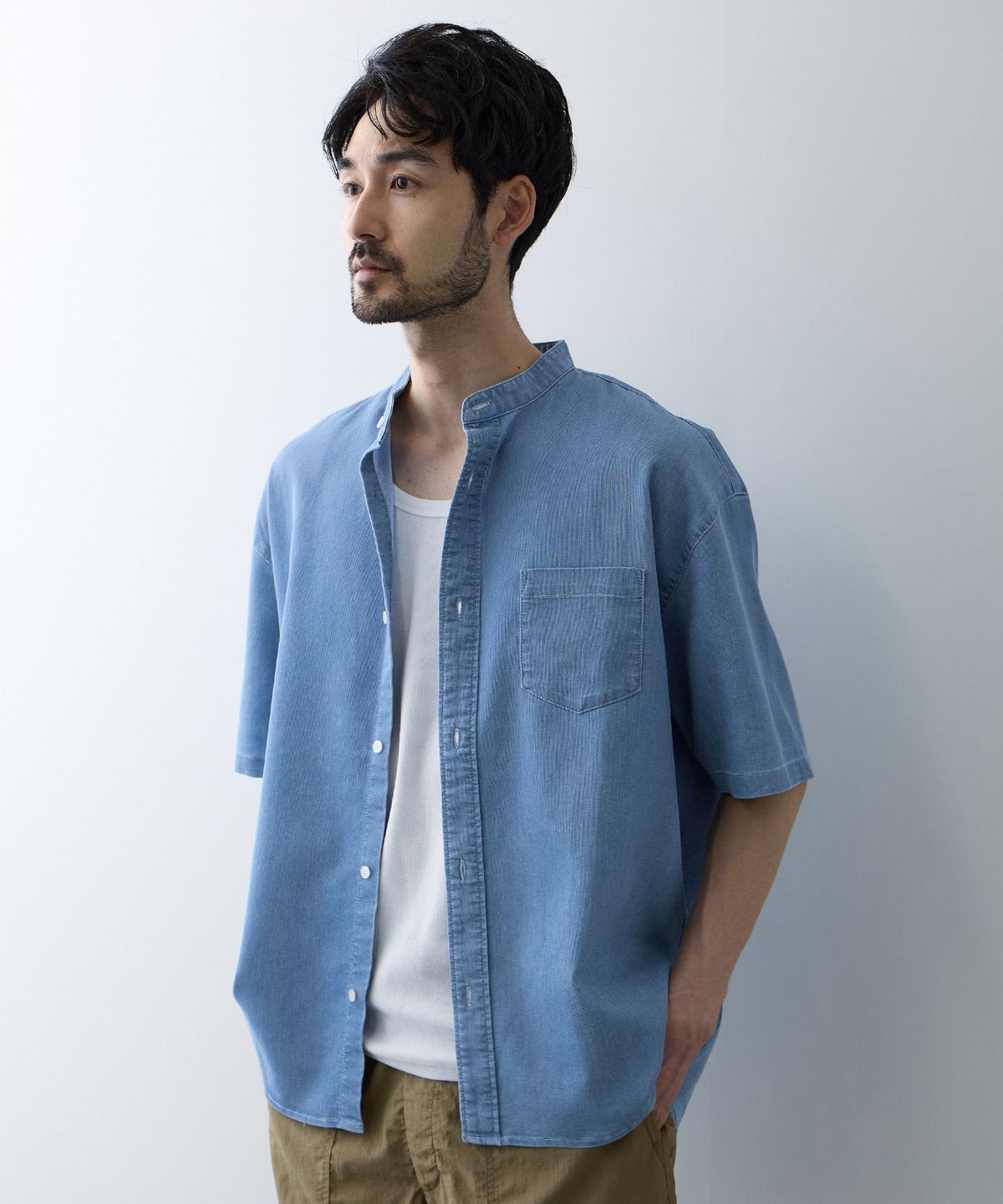 NAVY ブリーズデニム 半袖バンドカラーシャツ メンズ