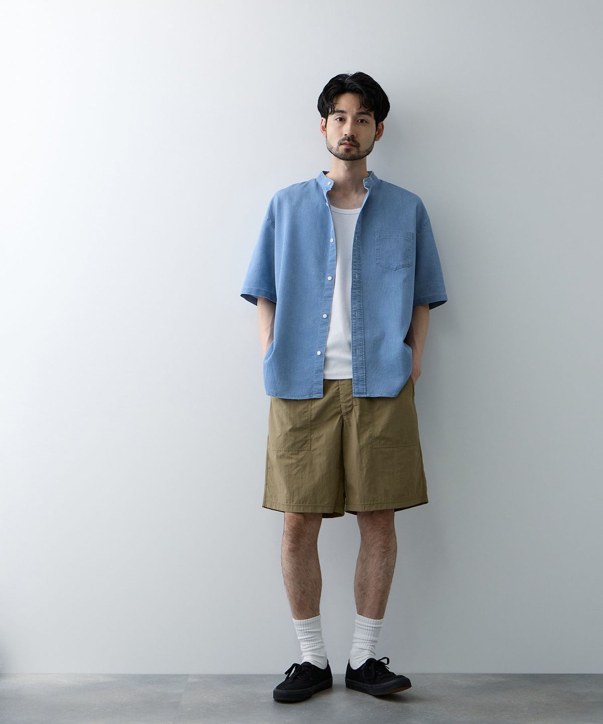 NAVY ブリーズデニム 半袖バンドカラーシャツ メンズ