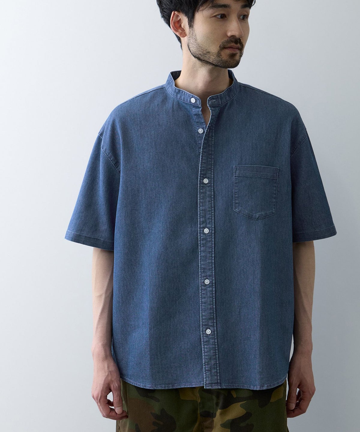 NAVY ブリーズデニム 半袖バンドカラーシャツ メンズ