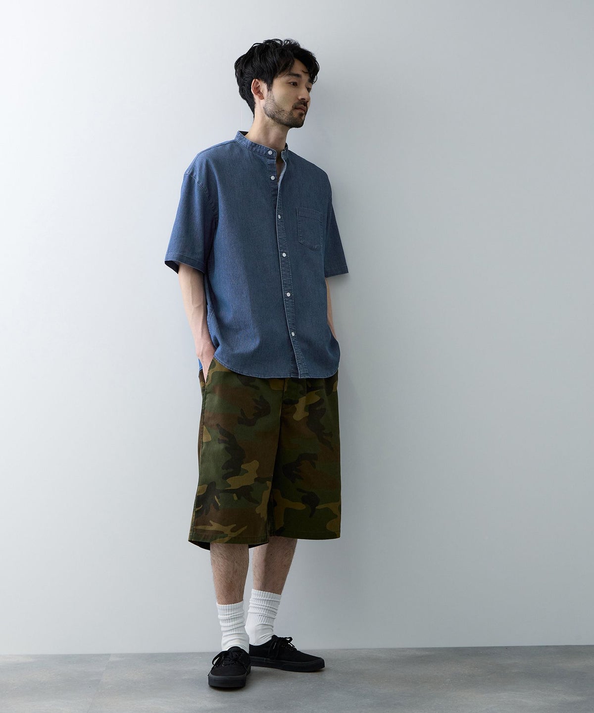 NAVY ブリーズデニム 半袖バンドカラーシャツ メンズ