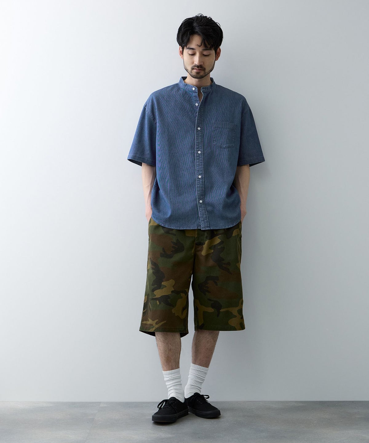 NAVY ブリーズデニム 半袖バンドカラーシャツ メンズ