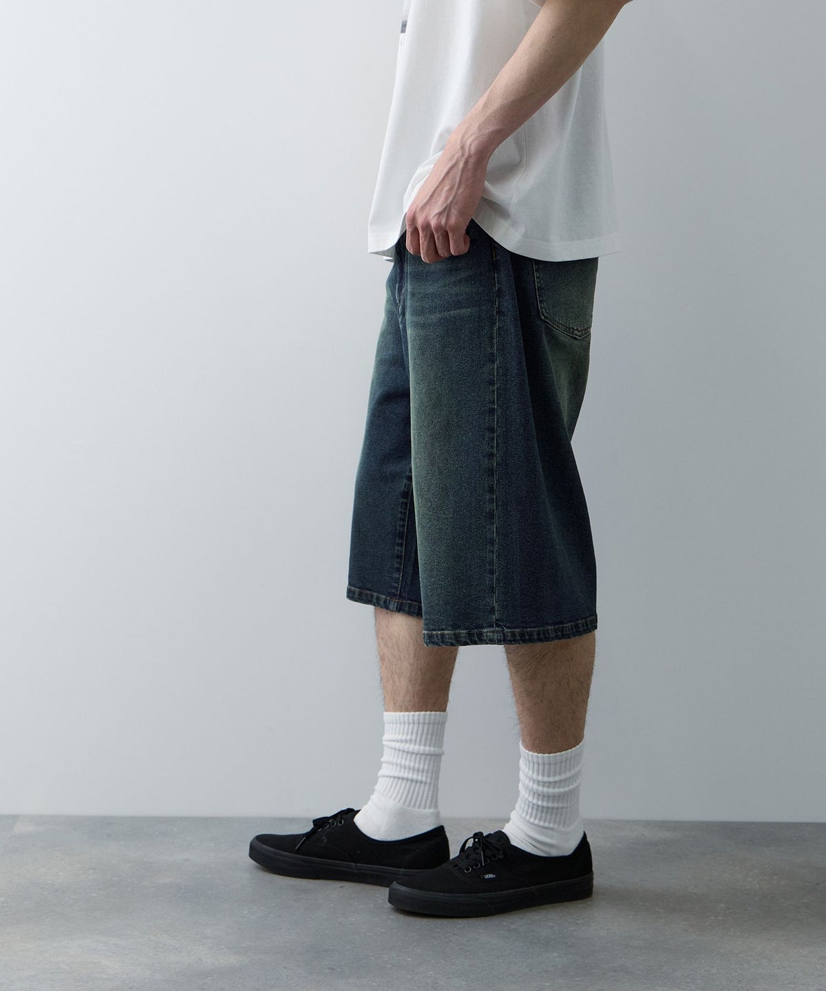 NAVY 毎日はきたくなるデニム「マイデニ」 ストレッチデニム 5ポケット ワイドショートパンツ メンズ