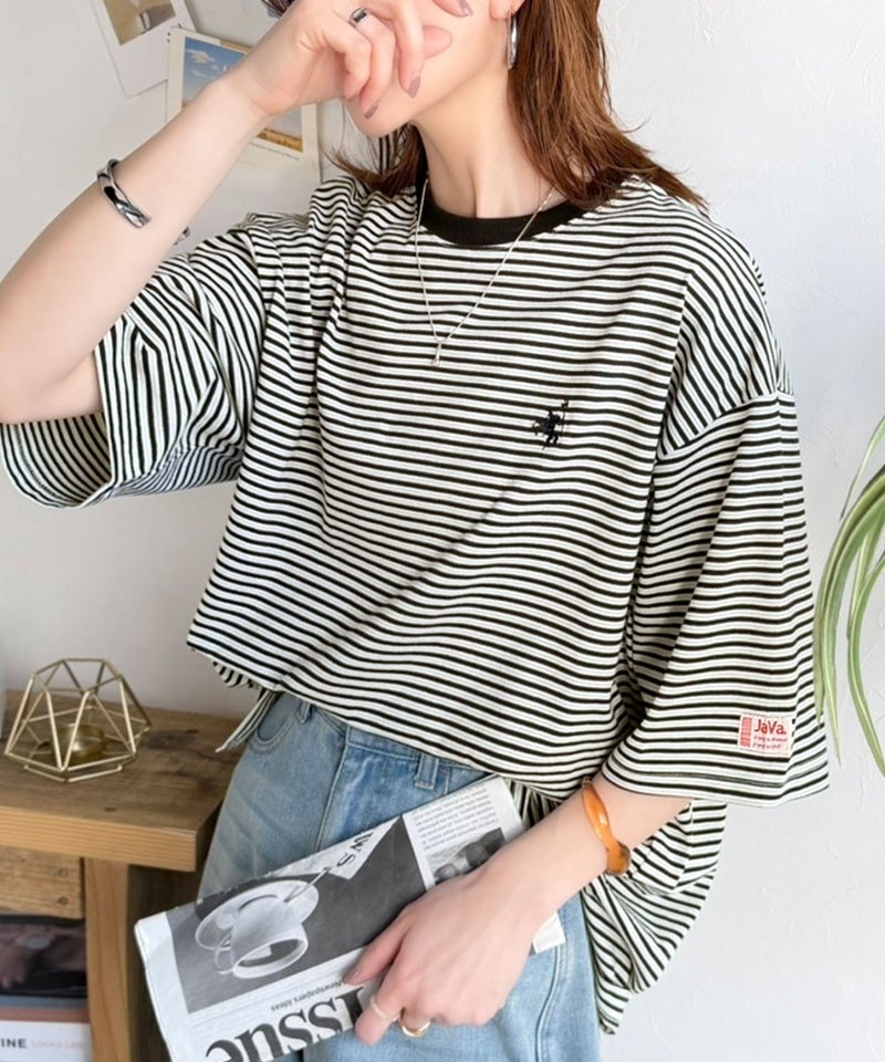 《JaVaジャバコラボ》着回し自在で日常に馴染む♪ 胸刺繍マルチボーダーアソートTシャツ商品画像-1