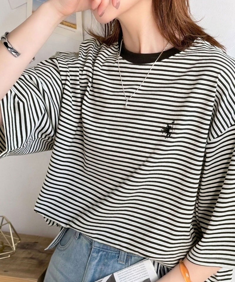 《JaVaジャバコラボ》着回し自在で日常に馴染む♪ 胸刺繍マルチボーダーアソートTシャツ商品画像-5