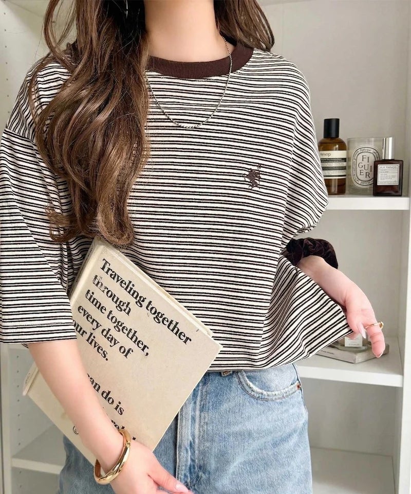 《JaVaジャバコラボ》着回し自在で日常に馴染む♪ 胸刺繍マルチボーダーアソートTシャツ商品画像-14