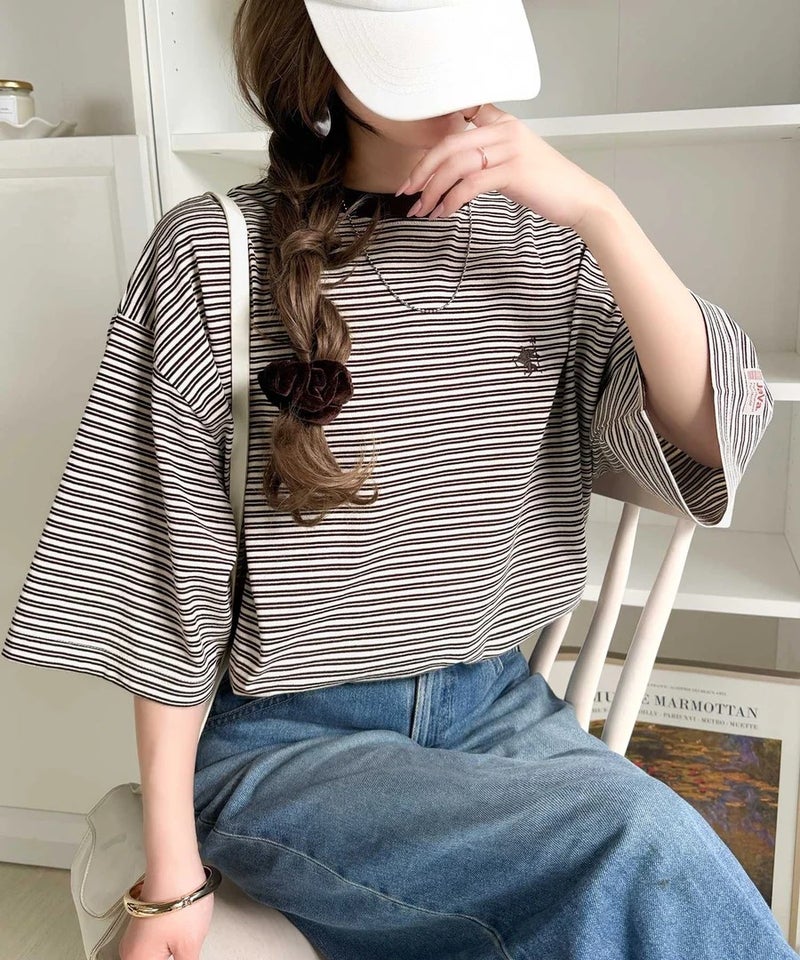 《JaVaジャバコラボ》着回し自在で日常に馴染む♪ 胸刺繍マルチボーダーアソートTシャツ商品画像-16