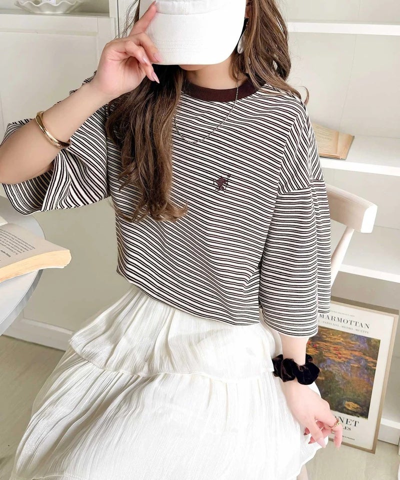 《JaVaジャバコラボ》着回し自在で日常に馴染む♪ 胸刺繍マルチボーダーアソートTシャツ商品画像-17