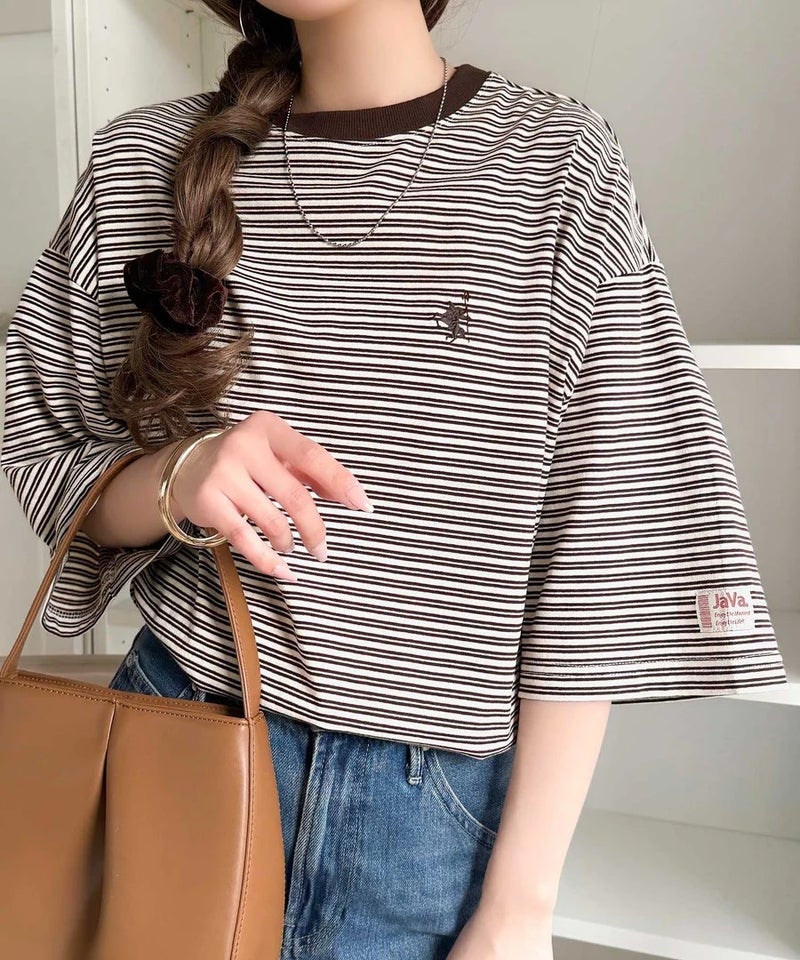 《JaVaジャバコラボ》着回し自在で日常に馴染む♪ 胸刺繍マルチボーダーアソートTシャツ商品画像-18