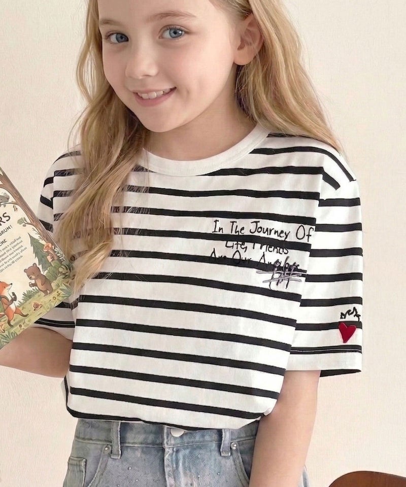 Classical Elf 【キッズ】綿100%らくがき風刺繍 無地&ボーダー柄半袖Tシャツ商品画像-3