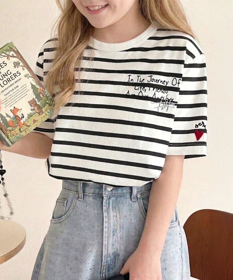 Classical Elf 【キッズ】綿100%らくがき風刺繍 無地&ボーダー柄半袖Tシャツ商品画像-22