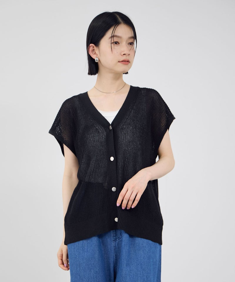 Idnes  麻タッチVネック ニットベスト ゴールドボタン レディース商品画像-3